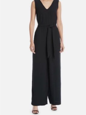 Max Studio Sleeveless Black V-Neck Wide-Leg Jumpsuit with Waist Tie